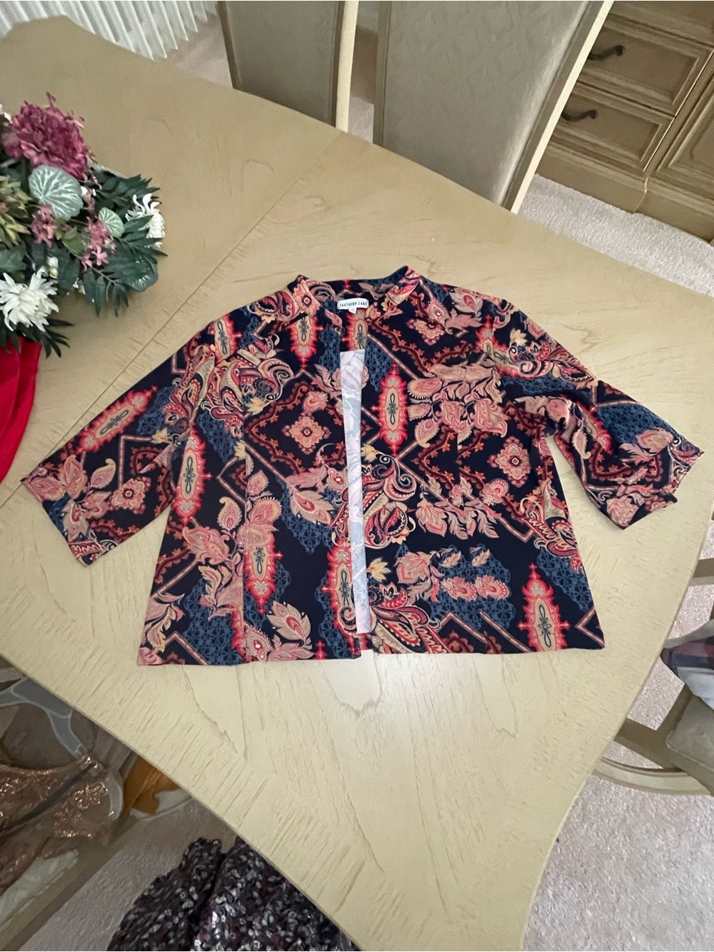 Southern Lady Paisley Print Open Front Jacket Cardigan Boho Chic Navy Pink 1X